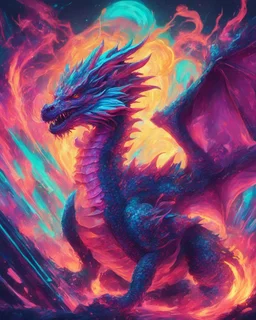 Close up shot, Dragon in a vibrant synthwave dreamscape, neon chaos swirling energetically around pixelated forms, a dynamic fusion of retro gaming nostalgia and futuristic abstraction