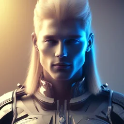 Beautiful cosmic man, blue eyes, long blond hair, smiling, cosmic suit, full body, galactic backdrop, soft lighting, hyper realistic, unreal engine 5, 16k