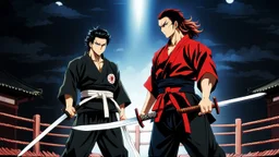 yujiro hanma vs yoriichi tsugukuni, baki vs kimetsu no yaiba, two mans standing in front of each other, a big strong man in black shirt with red hair and evil grin in martial art's stance facing a smaller feminine swordsman with long hair and calm face reaching for his sword in traditional japanese clothes both preparing to fight each other