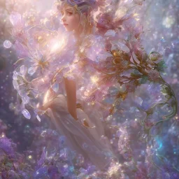 one big crystal subtle flower in a galactic ambiance with a beautiful fairy, transparent petals, delicate colors, in the foreground, full of details, smooth, bright sunshine，soft light atmosphere, light effect，vaporwave colorful, concept art, smooth, extremely sharp detail, finely tuned detail, ultra high definition, 8 k, unreal engine 5, ultra sharp focus