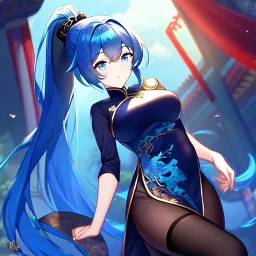 girl, masterpiece, best quality, volumetric lighting, detailed outfit, perfect eyes, blue hair, blue eyes, long hair, black stockings, ponytail, chinese clothes,