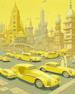 A pale yellow metropolis with speedy racecars painted by Qiu Ying