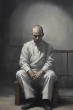 A priest they but a fabric on his eye so he can not see and his arms are Handcuffed. looks miserable with bruises on his face like he has been beating sitting on a broken chair in a prison with dem light and dark prison environments , Busch painting style , sureal