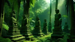 In the heart of the dense jungle, towering palm trees sway in the breeze, their lush green leaves casting dappled sunlight on ancient blue statues hidden among the foliage. These mysterious figures, weathered by time, seem to whisper secrets of a long-forgotten civilization.