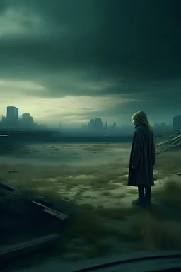 dystopian landscape with a lonely woman cinematic dramatic hd hig hlights detailled real wide and depth atmosphere