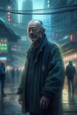 man in cyberpunk Wuhan in 50 years in the future