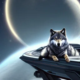 A Wolf, sitting on caiptains chair at the bridge of a spaceship, similar to picard in star trek, full scene