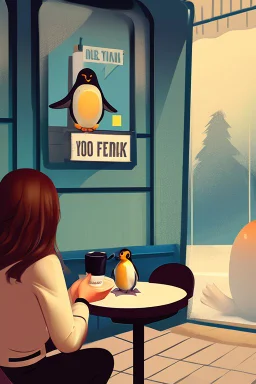 young woman talk to a penguin friend in coffee-shop