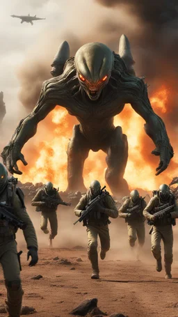 A front view of War of showing thousands of Aliens solders are running away from a distance toward the camera with scary faces and fear from one big creature behind them, in the background fires and dead’s and big fights on the ground