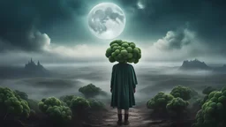A moon that looks like a monster head broccoli above a landscape, a child in a ragged dress looks up in the distance, fog, and intricate background HDR, 8k, epic colors, fantasy surrealism, in the style of gothoc