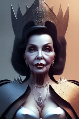 Joan Collins as evil queen in black leather, leather, busty, cleavage, angry, stern look. character design by cory loftis, fenghua zhong, ryohei hase, ismail inceoglu and ruan jia. unreal engine 5, artistic lighting, highly detailed, photorealistic, fantasy