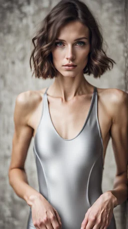 beautiful anorexic woman, total shot, short silver triathlon swimsuit, short brunette wavy bob hair, blurred concrete background