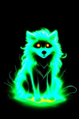 Super cool glowing, ghostly canine with mencaing glowing eyes In a dark room. It sits alone staring straightly and deeply at us, it has a painted-anime style.