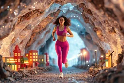 make a video pretty crystal cave covered with jewells and CIFI jewell lights and miniature city buildings and miniature people and streets, a beautiful fashion model lady with cute,curvy hair,makeup, in pretty sports suit is running inside cave ,dynamic camera fallow her inside cave capturing full body, dynamic lights.