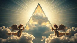 a nuclear explosion cloud(middle) framed from behind by a triangle of stained glass surrounded by radiant lines from the center, the wind and smoke from the explosion forming shapes of attractive dancing women with small angel wings(left and right foreground) like cherubs in the clouds, religiose art, angelic light