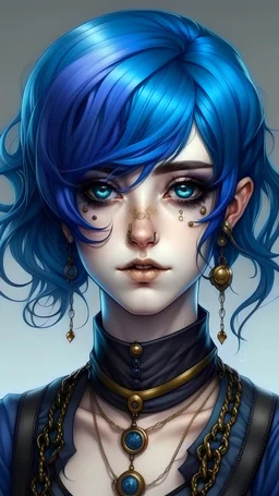 Realistic anime art style. An eye-catchingly dressed woman. Her neck length blue hair is curly and all over the place. Her eyes are marked with black eyeliner and matte violet eyeshadow. Her fashion sense would best be described as goth. Her septum is pierced with a delicate gold horseshoe ring with pinchered ends.