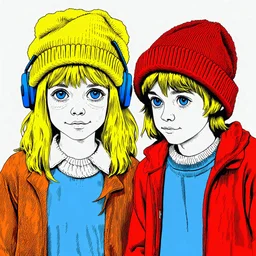Sketch of a girl with lobg yellow hair and with a woollen hat and a boy with big blue eyes and a woollen hat. Listening to music. In the 70s