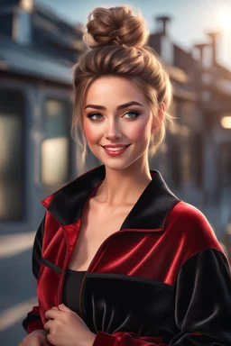 young woman with clear eyes, messy bun hair, bouncing looking back, soft velvet red/black two piece printed outfit, morning sun, cute, full body, ultra realistic, a variety of small details in the background, hyper realistic, surprised, sweet smile, 8k, HDR, 500px, by Koos Roos