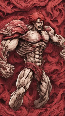 Create a captivating pattern inspired by the anime first Titan in Attack on Titan. The design should embody the essence of the inaugural Titan, capturing its colossal power and fearsome presence. Consider the intricate details of its transformation, incorporating the emotional undertones and brutal strength that define the Titan. Whether through stark lines or flowing curves red colors