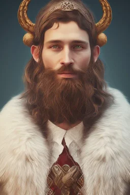 Viking style, 8K, a Highly detailed stunning portrait of Dom man with a kneeling submissive woman, white suit, beard, and short hair, bad boy,