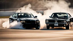 Black BMW and Dodge Charger SRT drifting in the white smoke, rear view, cinematic, luxurious --chaos 80 --ar 16:9 --style raw --stylize 700