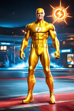 the Flash with gold boots, extremely exaggerated muscular stature, posing for the cameras, Professional Quality 35mm Photograph, 4k UHD, hyper-realistic, Photorealistic, extremely detailed, High resolution