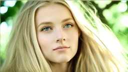 Closeup of a beautiful 18 year old caucasian girl with thick and lustrous blonde hair. She is in a park near a tree during the daytime. She is gazing at the viewer. The photo is in sharp focus with high resolution and detail.