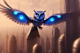 mechanical owl flying over a city, spread wings, starry sky, amber, metallic colors, cyberpunk, 8k, highest quality, smooth, sharp focus, illustration, digital painting, highly detailed, epic composition, cinematic, beautifully lit, artstation hq, behance hd, trending on artforum, dreamlike