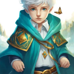 Fantasy World, A boy only wearing a wizards robe, and wearing a wizards hat. White Hair. Golden Eyes