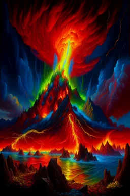 fire, lightning, wind, rain, volcanic lava, fireworks, explosions, multicolored neon lights, KISS in the art style of Boris Vallejo, oil paint on canvas, 32k UHD, hyper realistic, photorealistic, realistic, life-like, extremely detailed, extremely colorful, sharp beautiful professional quality,