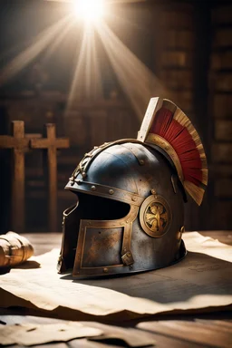 The Roman centurion's helmet lies on an old cracked wooden table. Next to the helmet, on the table, lies a cross on a simple string and a scroll of parchment. Symbols of Roman authority. A ray of sunlight reflects off the helmet. All around is the entourage of ancient Rome. High quality image in 8K