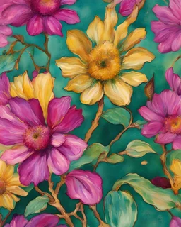 Green, magenta and gold flower van Gough water color