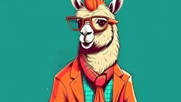 Cool looking llama or alpaca wearing funky fashion dress - jacket, tie, glasses. Wide banner with space for text at side. Stylish animal posing as supermodel. Generative AI