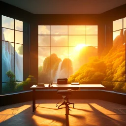 desk, parquet, sheet of paper, little pen, in front of one huge bay window with large view on a waterfall with warm light, sunset ,pixar style, panorama, nature, globe, HD