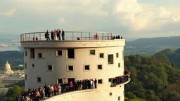 Cylindrical tower with lots of randomly placed windows, viewing platform on top, long queue of people waiting to go in, award-winning photograph, exquisite detail and realism