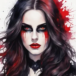 a headshot of a woman with long brown hair, red eyes, goth vibe, intricately detailed, watercolor splash art, visible brushstrokes