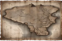 an ancient printed road map of a fictional place that was black and white and uses a Cree font, but has since been stained and weathered