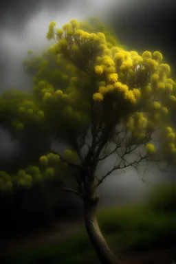 picture of mimosa tree full of flowers in deep fog. realistic photography, artistic photography, intricated details, hight details