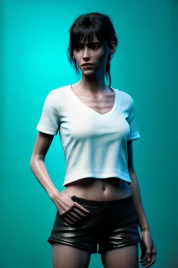 Ultra Realistic image, 25 years old brunette woman, Madrid, portrait, small stature, small chest, yakuza body tattoo, white broken cotton short undershirt, black latex short, rain, fog, club night Tokyo ambient, leds, neon, vibrant color, highly detailed, art stations, concept art, smooth, unreal engine 5, god rays, ray tracing, RTX, lumen lighting, ultra detail, volumetric lighting.