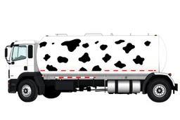 side view of a white fuel tank truck with black cow spots, illustration