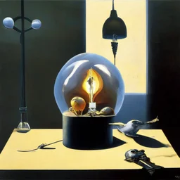 Abstract painting formed by a mix of human flesh-like surgical instruments and universe-like neuralink, a cat looking at a pigeon inside a huge bulb between light and shadow at dusk,surrealism,minimalism,Painting By Adrian Ghenie, Rene Magritte, Salvador Dali, Lucian Freud