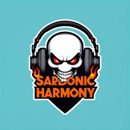 logo for rock band orange text "SARDONIC HARMONY" in a futuristic robotic font, sinister evil marshmallow head with headphones and red flames, horror, dark negative space, by Petros Afshar and H.R. Giger