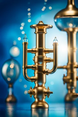create a high quality poster from a brass water manifold for product reveal with professional photography techniques , semi ocean blue background, a dreamy blurred with bokeh background ,with excellent warm lighting, on a luxury scenes in a studio ,bulbs of clear water , on a pice of vevlet