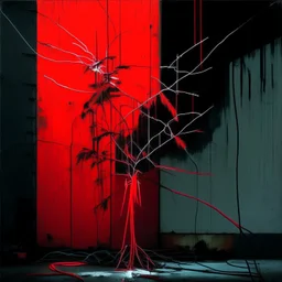 Minimal abstract oil painting of a neon plant in concrete warehouse brutalist architecture and hanging wires illuminated at night. With triadic red colours. In the style of Justin Mortimer and Phil Hale, Ashley Wood