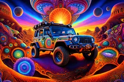Jeep Car Psychedelic African Flat Surreal DMT Dimension with vibrant and kaleidoscopic visuals, otherworldly landscapes, intricate geometric patterns, ethereal beings, cosmic energy, glowing fractals, immersive depth of field, cinematic lighting, masterful digital painting by Alex Grey and Android Jones, 8k resolution,