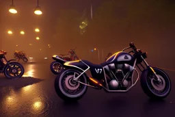 biker club,night lighting,rainy, realistic, unity engine, cinematic lighting, scriptable render pipeline.