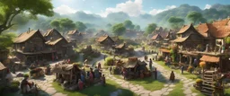 A photo of a busy village market in a beautiful surreal outdoor countryside sunny scene, with distant hills & fields, intricate dwellings with many pathways & stairways, streams & waterfalls, a waterwheel : ultra high detail, photorealistic, epic cinematic, 8K, Large depth of field