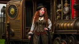 full-length portrait of a pale-faced steampunk woman with auburn wavy shoulder-length hair, with detailed metal arms and legs, dressed like a Victorian, standing beside a steam carriage