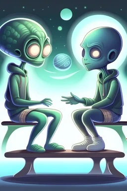 alien and a boy sitting on a bench. alien isshowing boy with his alien hand the universe that boy never saw with his human eyes. there are geometric stuff all around and some planet stuff. boy and alien are friends. realistic style