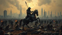 detalied cyberpunk interpretation of Bruegel's "The Triumph of Death", capturing the symbolic "harvest" of humanity. this is terror. A dystopian metropolis under smog sky, cybernetic soliders reapers are executing physical harvest many of humans citizens killed army of cyberwarrior androids and robotic soliders, many panicking run away people ,many bodies lying on the ground. a cyber-death warrior in black hood with futuristic gun on an mechanical robotic horse, thriller, detailed, cinematic
